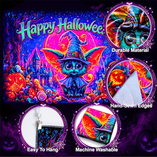 Halloween Wizard Cat UV Reactive Glow Wall Tapestry, 90x70 Inches - Spooky Backdrop