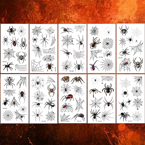 Halloween Spider Web Temporary Tattoos - 10 Sheets with Realistic Spider Designs - Waterproof & Easy to Remove - Spider Variation