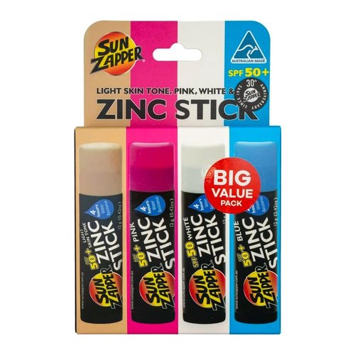 Sun Zapper Zinc Oxide Sunscreen Sticks – SPF 50+ Water Resistant – Beach Pack with 4 Colors (Light Skin Tone, Pink, White, Blue) – Broad Spectrum Sunblock for Face & Body – Made in Australia