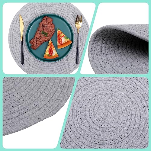 Gray Woven Cotton Placemat Set - Round 13.8 Inch Table Runners, 6 Pack