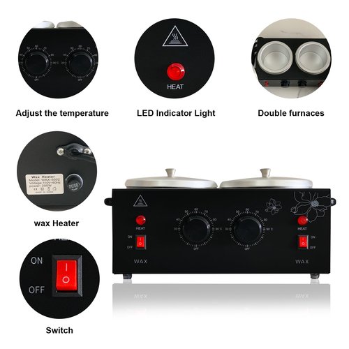 FHATSJ Black Double Pots Wax Warmer Professional Melted Wax Beads for Hair Removal,Fast Electric Wax Heater with Adjustable Temperature Set for Women (Black-Double Pots)