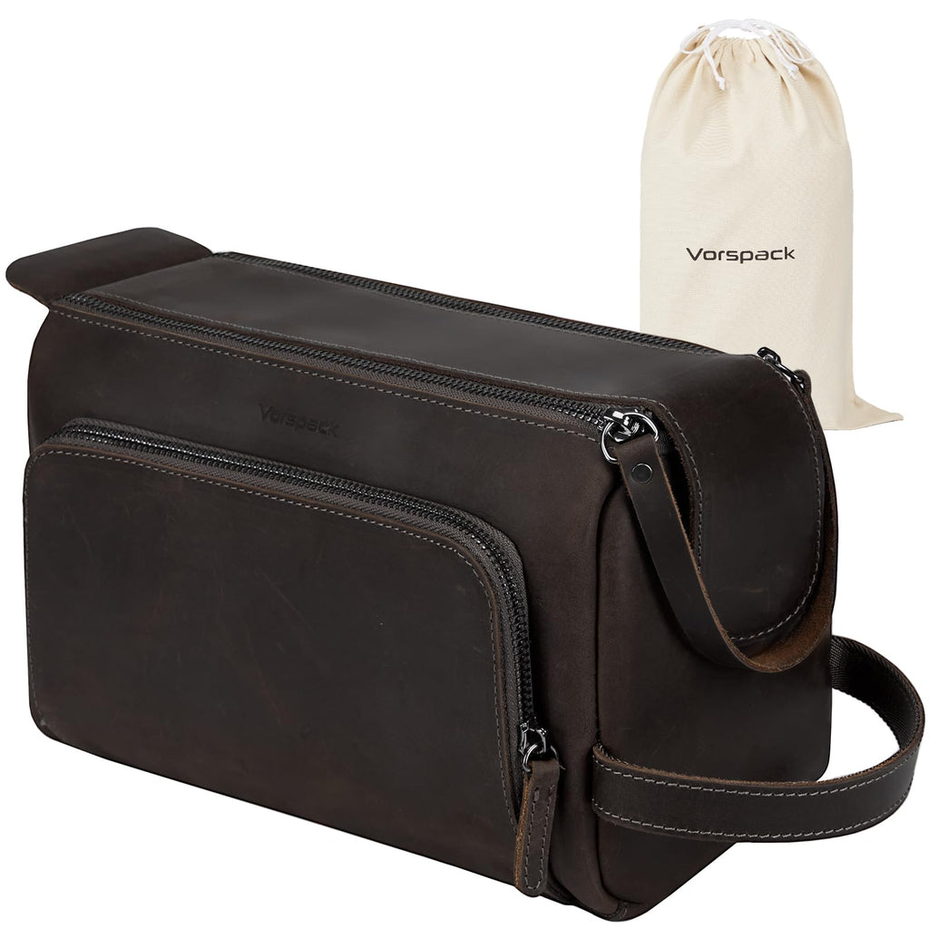 Vorspack Genuine Leather Toiletry Bag for Men - Water Resistant Travel Bag for Toiletries, Essentials, Accessories - Dark Brown