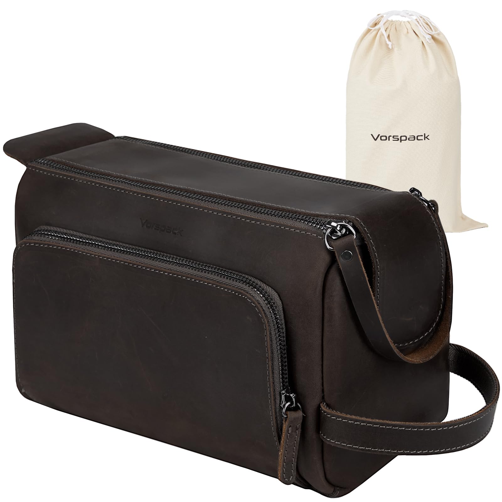 Vorspack Genuine Leather Toiletry Bag for Men - Water Resistant Travel Bag for Toiletries, Essentials, Accessories - Dark Brown