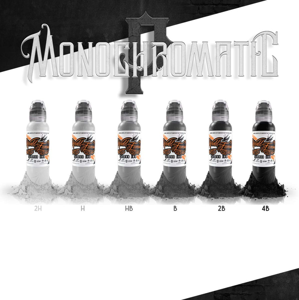 World Famous Tattoo Ink - Poch Monochromatic Tattoo Kit of 6 Tattoo Ink - Professional Tattoo Ink in Grey & Black Shades - Skin-Safe Permanent Tattooing - Vegan & Non-Toxic (1 oz Each)