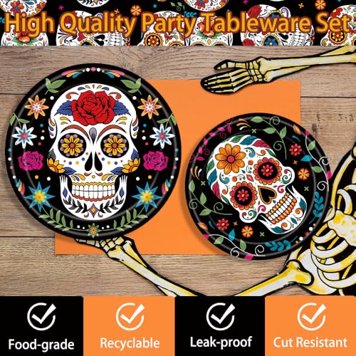 140-Piece Day of the Dead Party Supplies Set for 20 Guests - Sugar Skull Plates Napkins Cups Cutlery