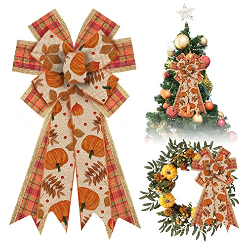 Large Fall Pumpkin Wreath Bow with Pumpkin Leaves - Style 1 - Thanksgiving Door Decor