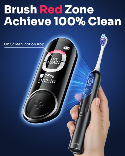 SAKYPRORAL AI Electric Toothbrush with Smart Display for Adults Kids | 150-Day Rechargeable Toothbrush, Real-Time Map |3-Min Timer, Travel Case | Teens Sonic Toothbrush Gift (G5S Black)