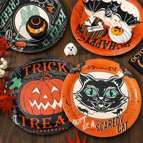 Vintage Halloween Paper Plates 40 Pack - Black Cat Pumpkin Skeleton 9 Inch Party Tableware with Variation: Vintage Halloween
