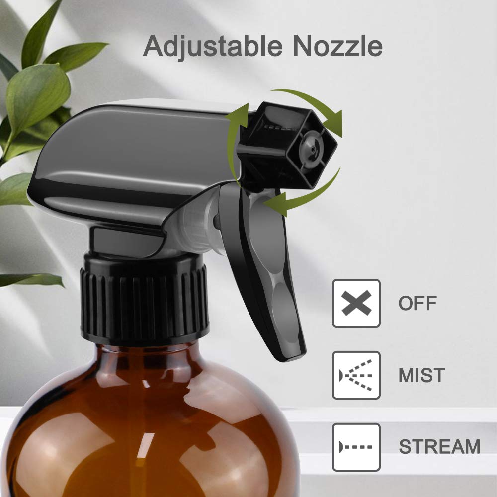 Worldgsb 16oz Amber Glass Spray Bottles - Reusable Containers with Labels & Adjustable Nozzle for Cleaning, BBQ, Food, Plants, Alcohol, Essential Oils