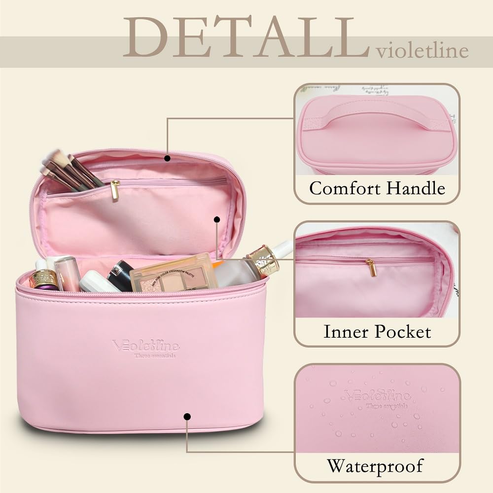 Violetline Travel Cosmetic Bag for Women, PU Leather Cosmetic Bag Set of 2, Waterproof, Large Makeup Bag with Handle (Light pink makeup bag)