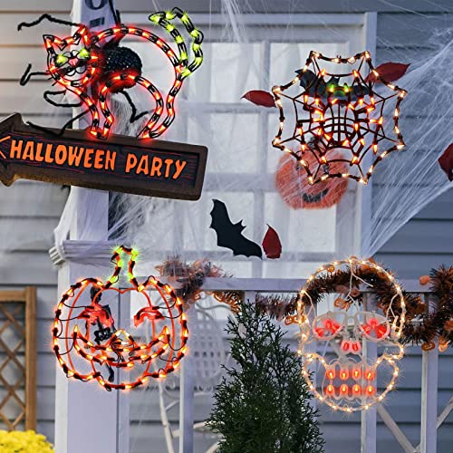 Halloween Lighted Window Silhouette Decorations Set - Jack-O-Lantern, Skull, Cat & Cobweb - 4 Pieces, Indoor & Outdoor Use