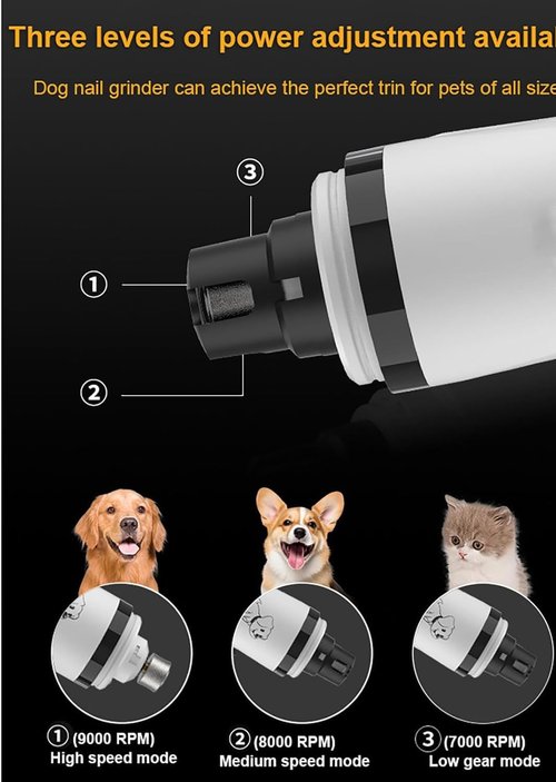 Rercarre Nail Grinder, Upgraded Silent Dog Nail Grinder, Cordless Grooming Pro Nail Grinder with 3 Adjustable Speeds & Led Light Pet Nail Grinders for Dog Cat Home Use(1pc+2 Heads)