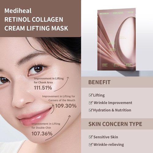 Mediheal Retinol Collagen Cream Lifting Mask - Anti-Aging V Line Treatment (10 Count) for Smooth Skin