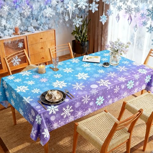 Snowflake Winter Tablecloth 3 Pack for Holiday Party Decorations - Blue & Purple Disposable Plastic Cover - Christmas & Winter Events