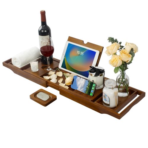 Kiasthome Teak Bathtub Caddy, Expandable Bath Tray, Non‑Slip Luxury Tub Caddy with Wine Phone Tablet Holder, Wooden Bath Accessory for Home Spa and Gift