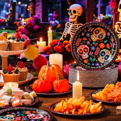 Purple Dia De Los Muertos Sugar Skull Paper Plates 7 Inch - 100 Pack