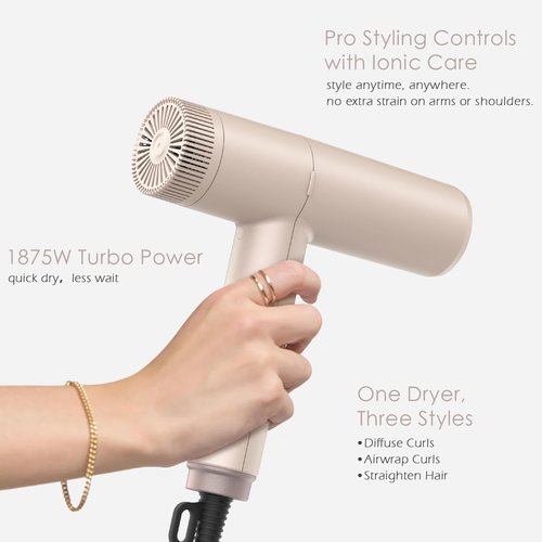 TOME Hair Dryer, 1875W High-Speed EC Motor 110,000 RPM Ionic Blow Dryer, Fast Drying, Cool Shot Lock, 3 Heat 2 Speed, 4 Attachments (Styling Nozzle, Diffuser, 2 Air-Powered Wrap Wands), 125V Pink