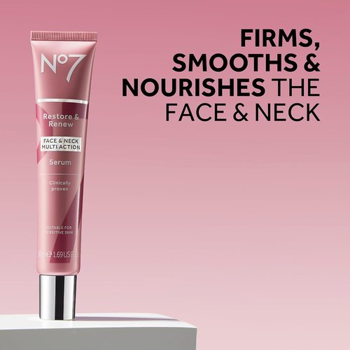 No7 Restore & Renew Multi-Action Face & Neck Serum - Anti-Aging Formula for Deep Wrinkle Repair - Collagen & Hibiscus Peptides (2.5 Fl Oz)