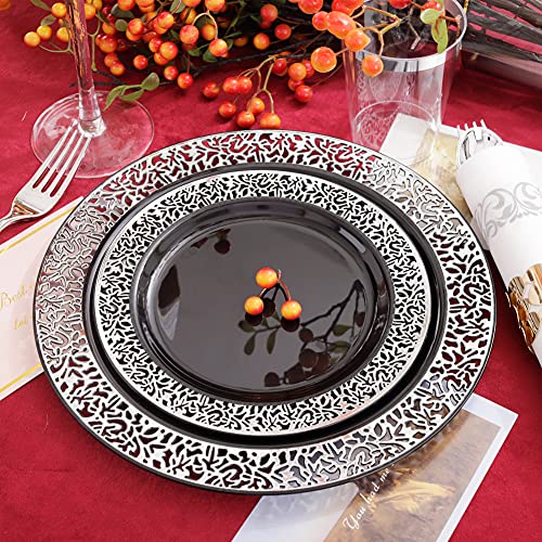Black Silver Lace Plastic Dinnerware Set for Wedding and Events - 350 Pieces, Variation: Black and Silver