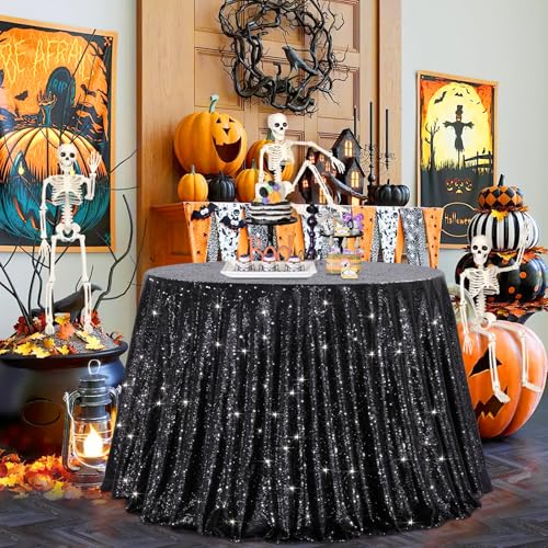 132 Inch Black Sequin Round Tablecloth for Weddings & Parties - Reusable