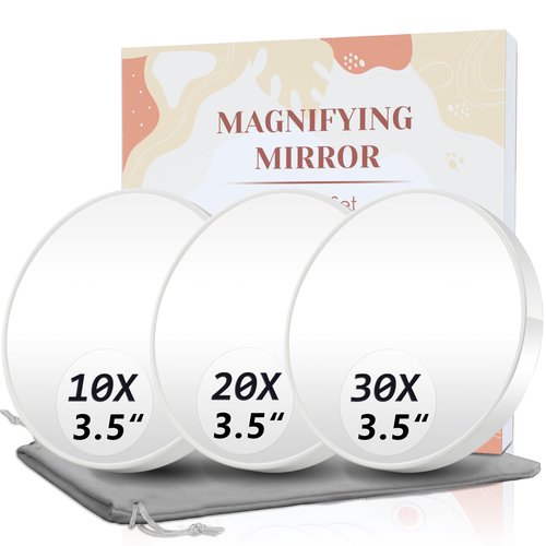Magnifying Mirror, 10X & 20X & 30X Set, Magnified Mirrors 3.5" with Two Suction Cups, Travel Magnifying Mirror Set Comes with Portable Storage Bag, Compact Small Magnified Mirrors for Travel(White)