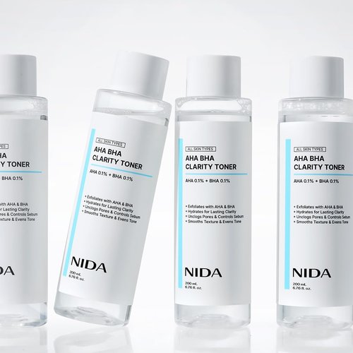 NIDA AHA BHA Clarity Toner | AHA 0.1%, BHA 0.1%, Niacinamide,Centella Asiatica | Exfoliate, Hydrate, Pore Control, Evens Tone | 6.76 fl. oz., 200ml