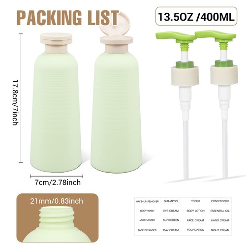UMETASS 13.4oz Travel Shampoo Bottle with Flip Cap, Refillable Plastic Pump Bottles Dispenser for Soap, Shampoo, Lotions, Liquid Body Wash, Creams and Massage Oil (2 Pack, 13.5oz/400ml)