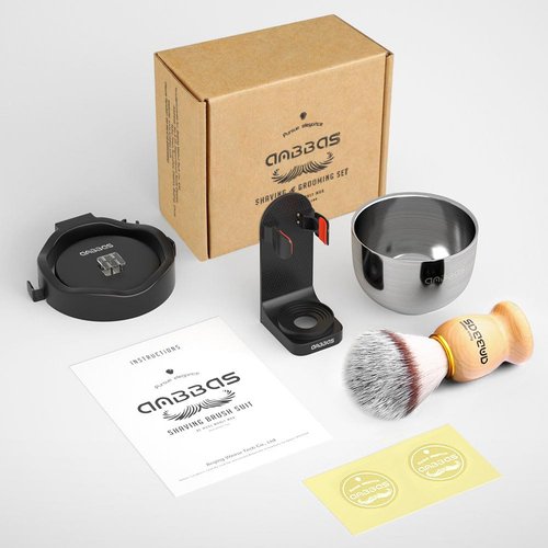Anbbas 4IN1 Shaving Brush Set,Nylon Bristles Wood Handle and Stainless Steel Soap Bowl,ABS Wall Mounted Shaving Holders for Brush and Bowl for Men Wet Shave