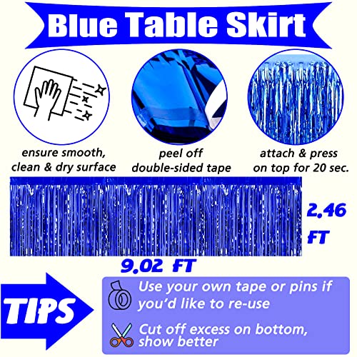 Blue Metallic Foil Fringe Table Skirts 29x108 Inches for Party Decorations - 6 Pack
