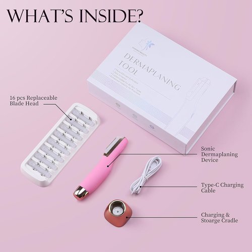 CEVEK Sonic Dermaplaning Tool - Electric Facial Hair Remover for Women & Eyebrow Trimmer, Exfoliating Face Razor with 8 Replacement Blades (3 Months Supply) for Peach Fuzz & Dead Skin (Pink)