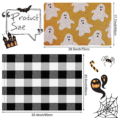 Halloween Ghost Welcome Doormat with Black and White Buffalo Plaid Set - Non-Slip Indoor Outdoor Decor
