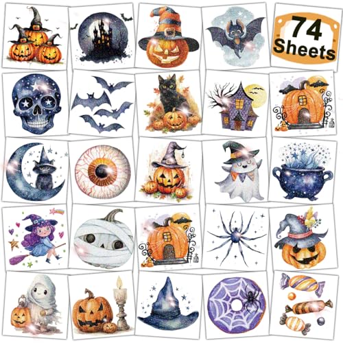Kids Halloween Glitter Temporary Tattoos Set - 74 Sheets, Waterproof & Safe