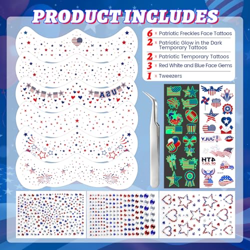 4th of July Makeup Set with Glitter Freckles Face Tattoos & Gems - Variation of Set A