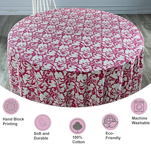 Ridhi Hand Block Print Cotton Round Tablecloth - Deep Pruce Red 60 Inch