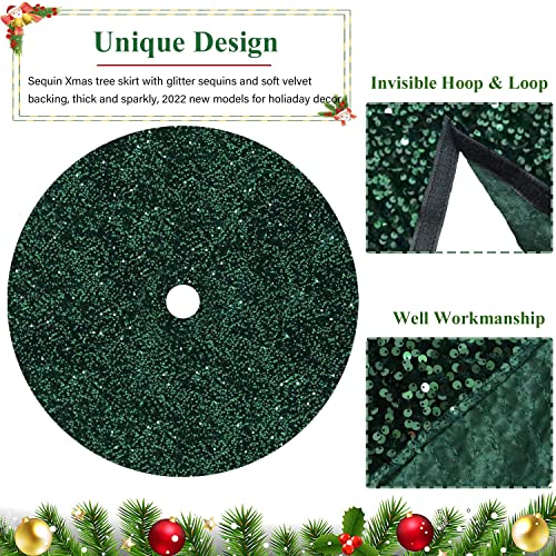 Emerald Green Sequin Velvet Christmas Tree Skirt - 46 Inch Round Holiday Decor