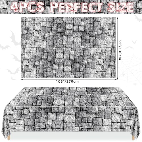 4 Pack Stone Wall Tablecloths - Rectangular Cobblestone Party Cover 51 x 106 Inch - Medieval Castle Decor