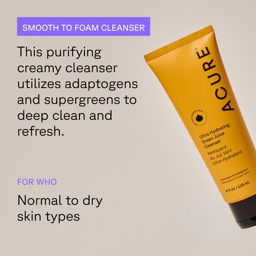 Acure Ultra Hydrating Green Juice Face Cleanser - Superfood Formula with Spinach | 4 fl oz Pore Scrub & Blackhead Remover