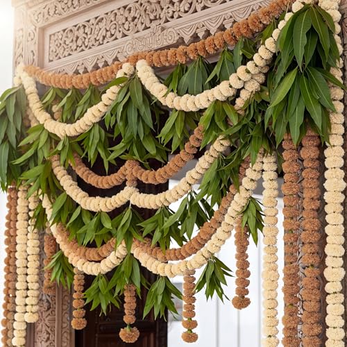15 Pack Marigold Garland for Decor - Cream White & Brown, 5ft