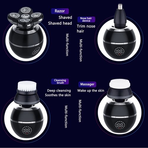 Upgrade 5-in-1 Electric Head Shaver for Men, LED Display, Multifunctional Cordless IPX7 Waterproof Rotary Grooming Kit