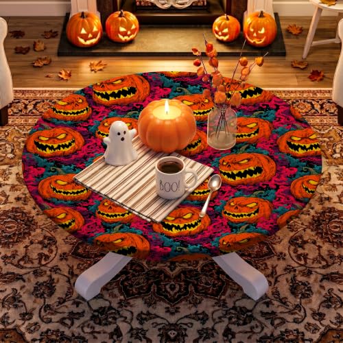Halloween Fitted Round Tablecloth 49-52 Inch with Pumpkin Head Design - 52 Inches