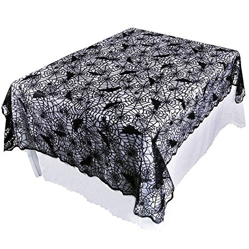 Halloween Bat Spider Web Lace Tablecloth - 60x84 Inch, Black Polyester, Spooky Decor