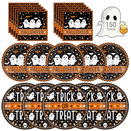 Halloween Ghost Party Plates & Napkins Set - Black & Orange, 150 Pcs