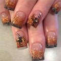 Relief Spider Gem Halloween Glitter French Tip Press-On Nails - Short Square False Nails with Embossed Spider Charm - 24pcs