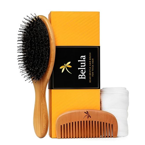 Skiennix Premium Boar Bristle Hair Brush Set - Restores Shine & Health for Thick, Curly Hair | Includes Comb & Travel Bag