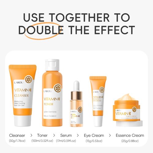 LAIKOU Skin Care Set Vitamin C Women Beauty Gift Sets Skin Care Kit with Cleanser, Toner, Serum, Eye Cream, Face Cream Travel Kit for Women Teen Girls Mom Daughter Birthday TSA-friendly Sizes 5pcs