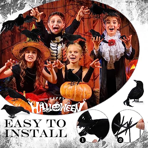 Halloween Black Feathered Crow Decor Set - Realistic Fake Raven Figures for Haunted House and Party Decorations