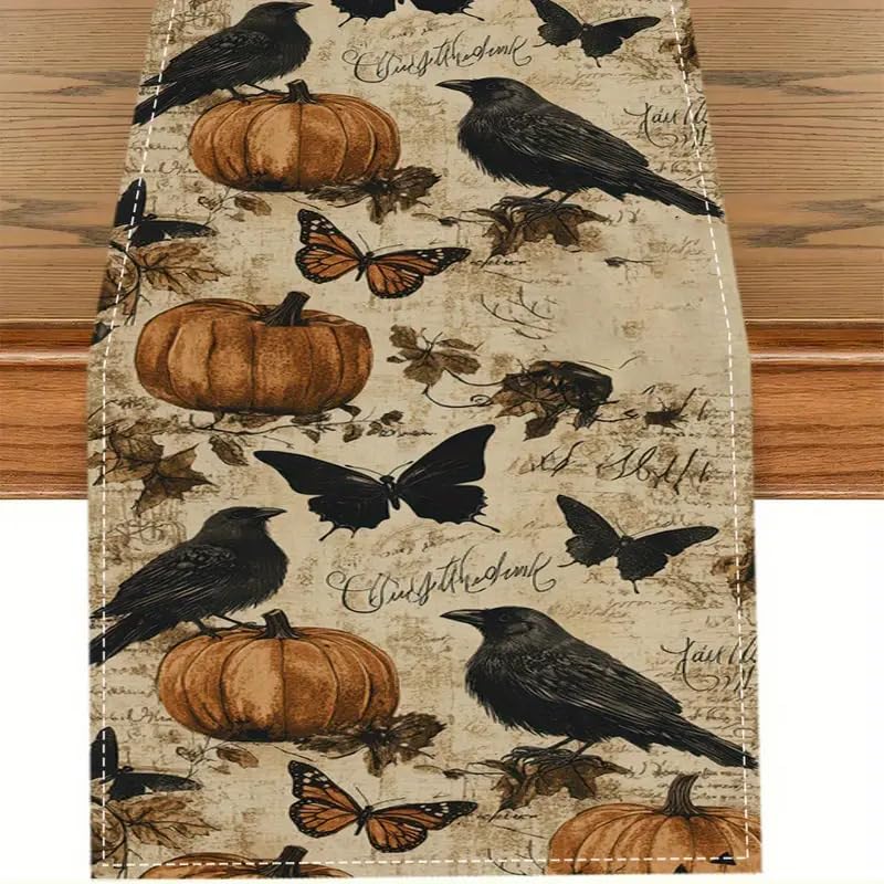 Halloween Retro Crow Pumpkin Table Runner - Style 05, 13x36 Inch Seasonal Kitchen Decor