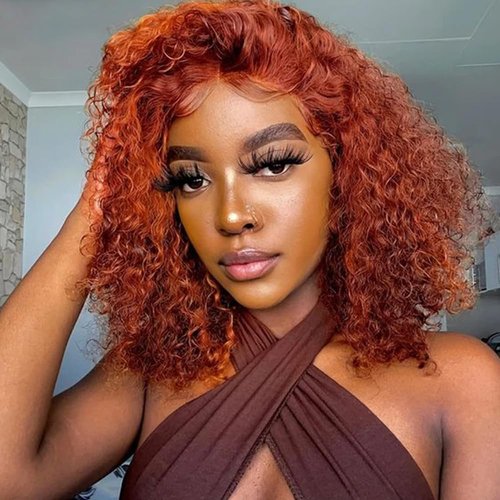 GOLFMAX 8 Inch Curly Bob Wig Ginger Lace Front Wigs Human Hair Short Bob Wig Human Hair Water Wave 13x4 Transparent Lace Front Wigs Pre Plucked