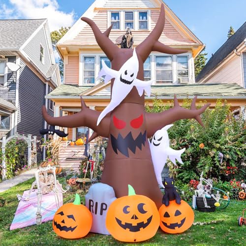 12 Ft Halloween Inflatable Tree with Pumpkins Ghost Tombstones LED Lights Outdoor Decor