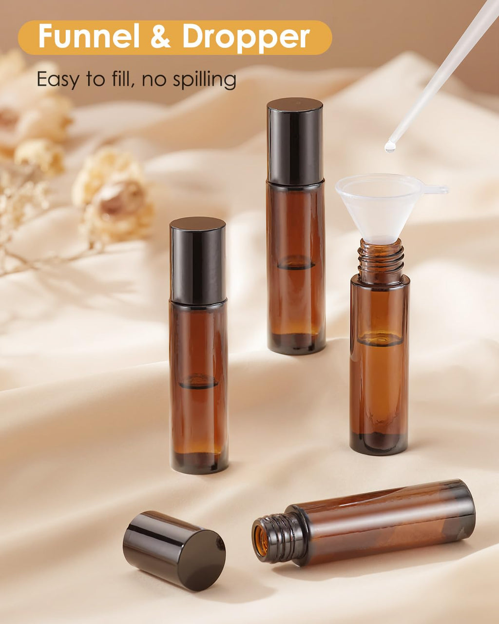 Worldgsb 12 Pack Essential Oil Roller Bottles, 10ml Refillable Amber Glass Roller Bottles with Stainless Steel Roller Balls and Caps for Travel, Perfume and Lip Gloss